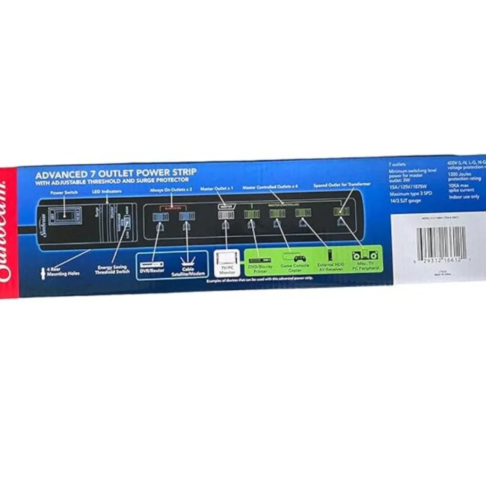Sunbeam Advance 7 Outlet Power Strip with Surge Protector & Spaced Outlet 15A